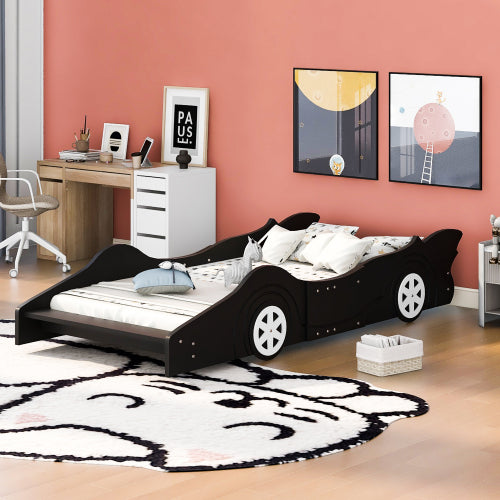 Twin Size Race Car-Shaped Platform Wooden Bed with Wheels