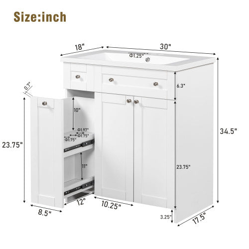 30" White Bathroom Vanity with Single Sink