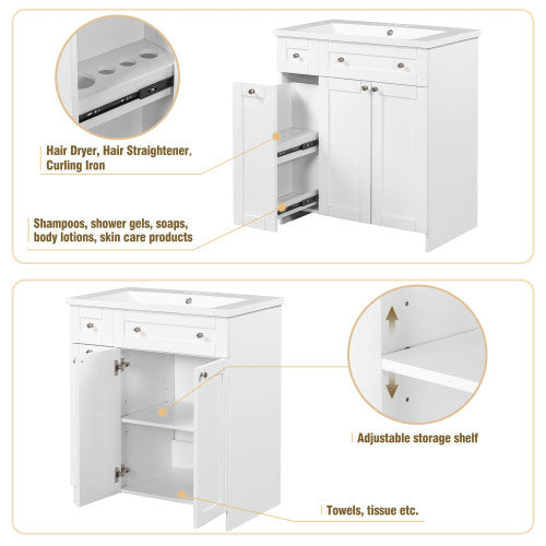 30" White Bathroom Vanity with Single Sink