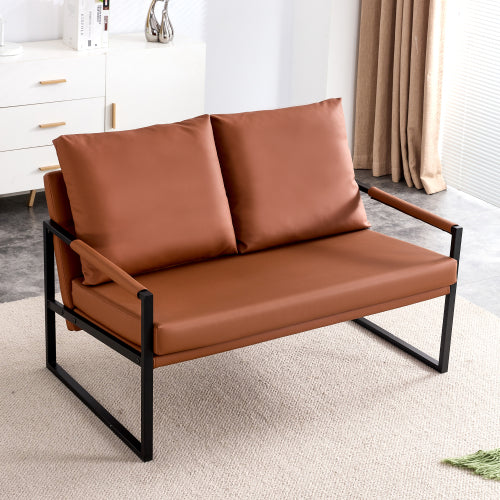 Modern Two-Seater PU Leather Sofa Chair with 2 Pillows, Brown