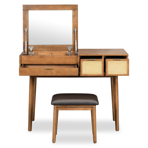 43.3 Classic Wood Makeup Vanity Set with Flip-top Mirror and Stool