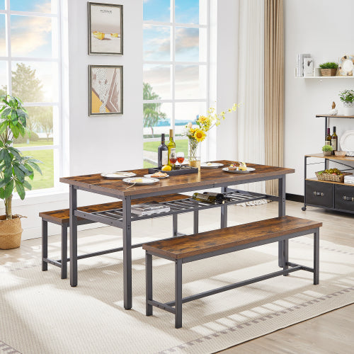 3-Piece Dining Room Table Set with 2 Benches for Home Kitchen