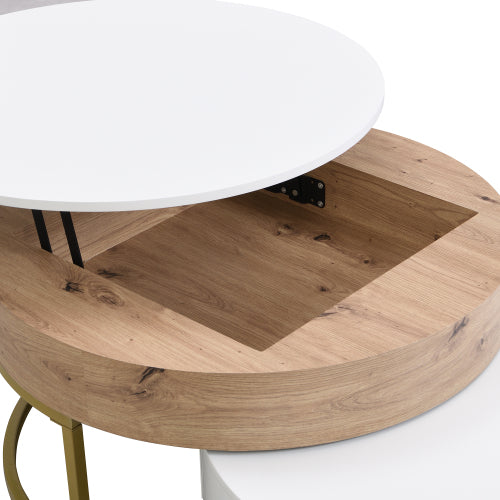 Modern Round Lift-top Nesting Coffee Tables with 2 Drawers White & Natural