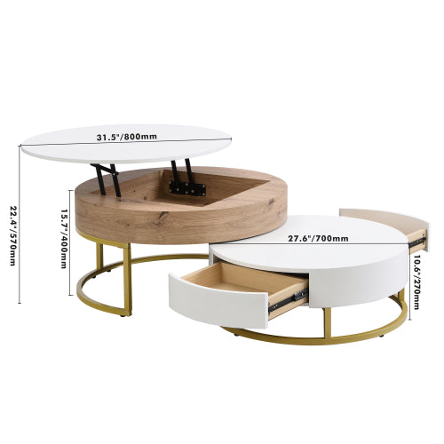 Modern Round Lift-top Nesting Coffee Tables with 2 Drawers White & Natural