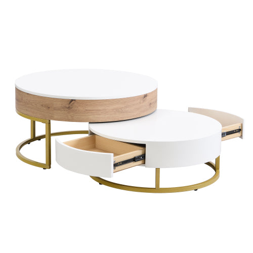 Modern Round Lift-top Nesting Coffee Tables with 2 Drawers White & Natural