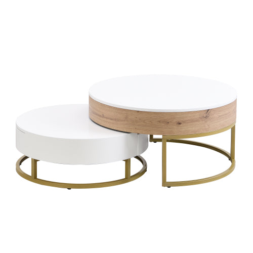 Modern Round Lift-top Nesting Coffee Tables with 2 Drawers White & Natural