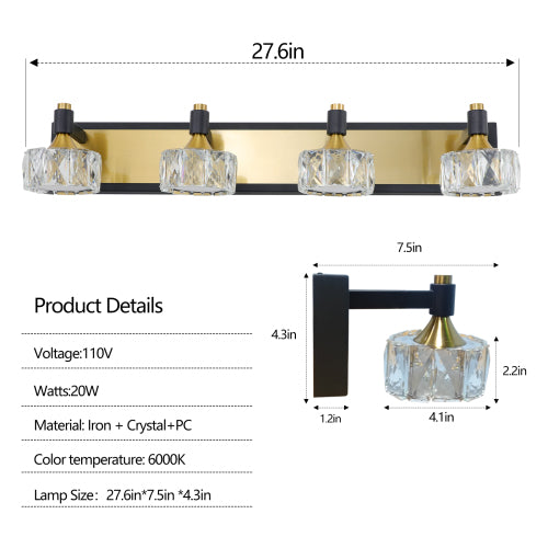 LED 4-Light Modern Crystal Bathroom Vanity Light