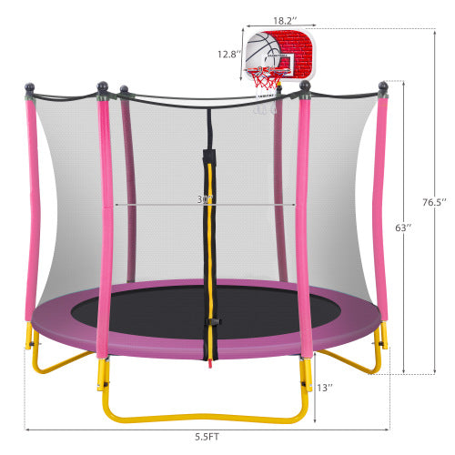 Trampoline for Kids with Basketball Hoop, Rubber Ball and Safety Enclosure Net