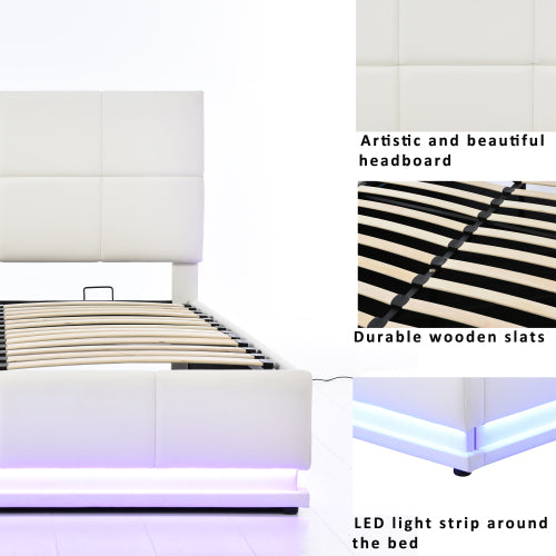 Full Size Tufted Upholstered Platform Bed with with LED Lights and USB Charger