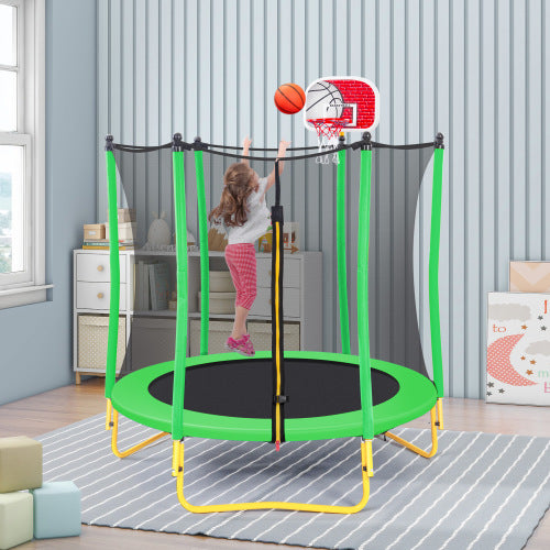 Trampoline for Kids with Basketball Hoop, Rubber Ball and Safety Enclosure Net