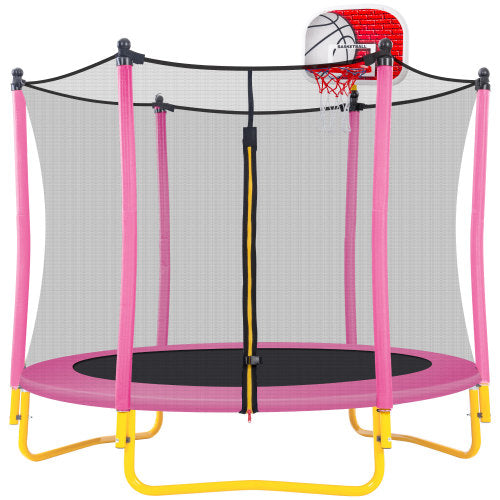 Trampoline for Kids with Basketball Hoop, Rubber Ball and Safety Enclosure Net