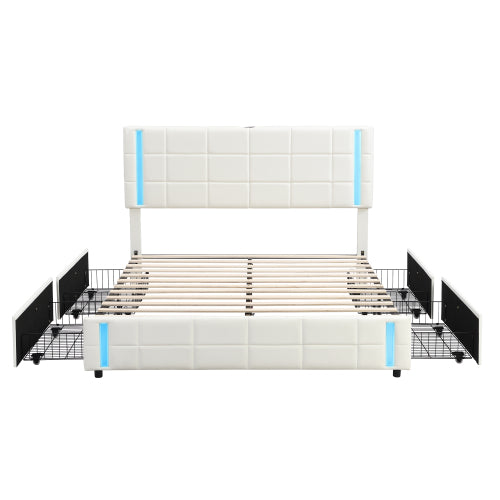 Upholstered Platform Bed with LED Lights and USB Charging, Queen Size