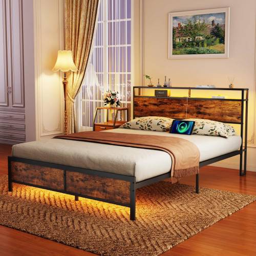 Industrial Full Bed Frame with LED Lights and 2 USB Ports
