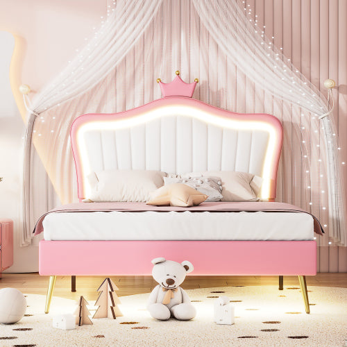 Modern Upholstered Princess Bed With Crown Headboard and LED Lights