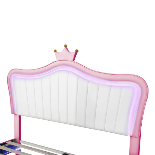 Modern Upholstered Princess Bed With Crown Headboard and LED Lights