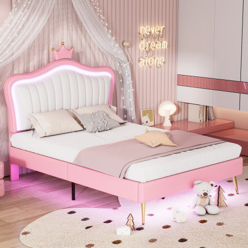 Modern Upholstered Princess Bed With Crown Headboard and LED Lights