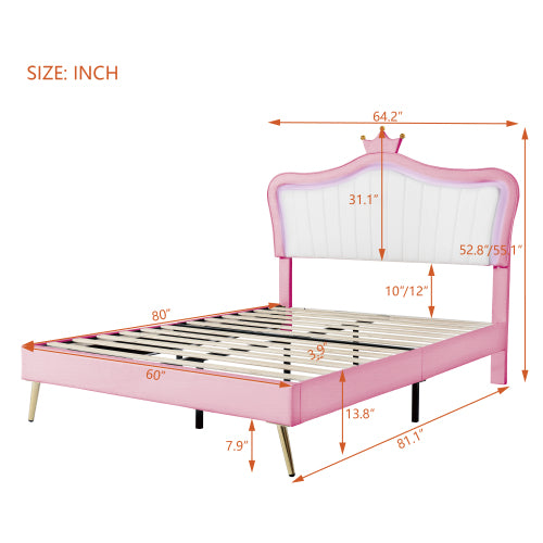 Modern Upholstered Princess Bed With Crown Headboard and LED Lights