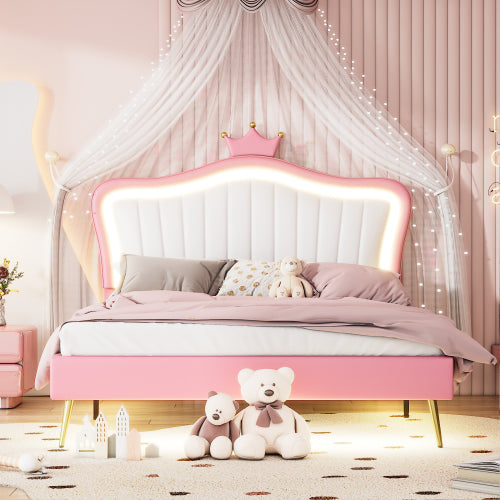 Modern Upholstered Princess Bed With Crown Headboard and LED Lights