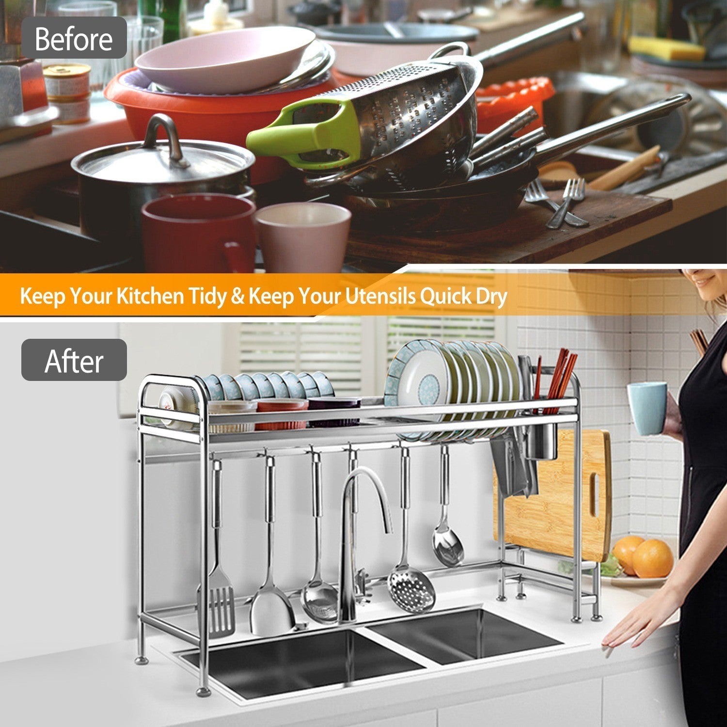 Stainless Steel Kitchen Countertop Bowl Dish Chopping Board Organizer Rack