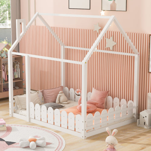 Kids Full Size House Bed Frame with Fence (Slats are not included)