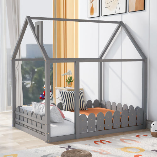 Kids Full Size House Bed Frame with Fence (Slats are not included)