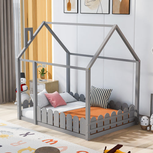 Kids Full Size House Bed Frame with Fence (Slats are not included)