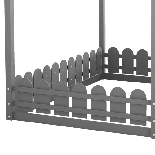 Kids Full Size House Bed Frame with Fence (Slats are not included)