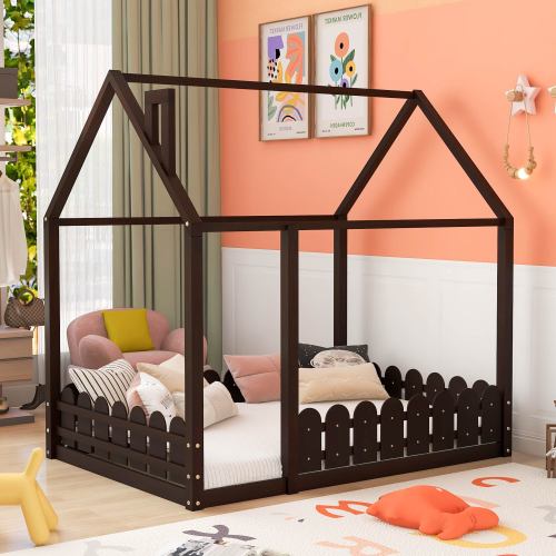 Kids Full Size House Bed Frame with Fence (Slats are not included)