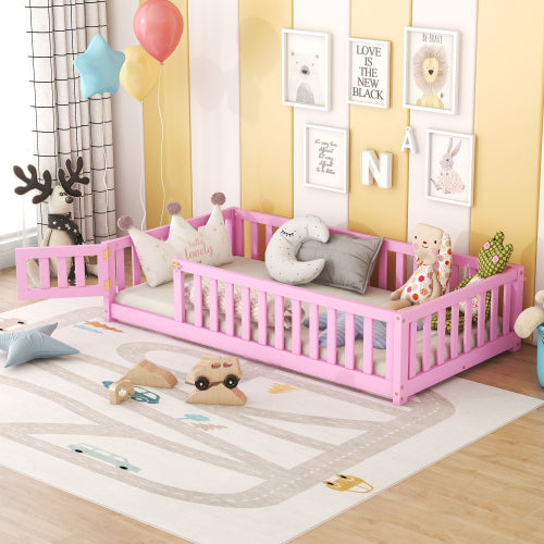 Kids Twin Size Floor Bed with Safety Guardrails and Door
