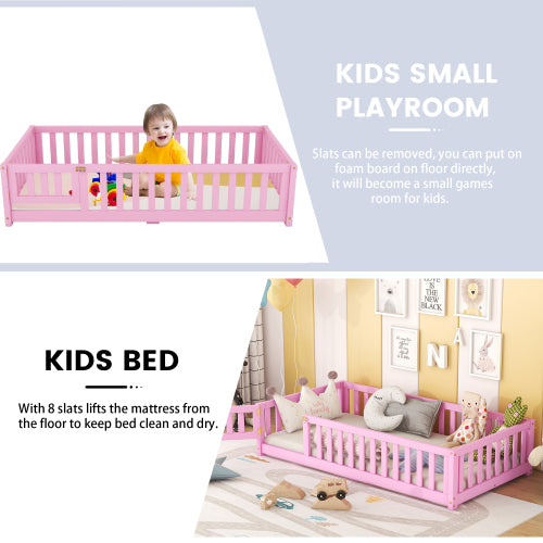 Kids Twin Size Floor Bed with Safety Guardrails and Door