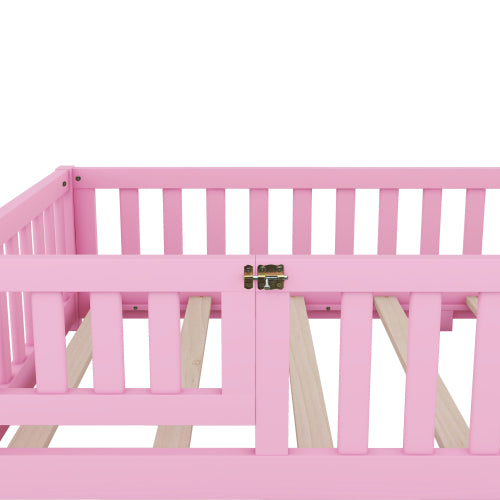 Kids Twin Size Floor Bed with Safety Guardrails and Door