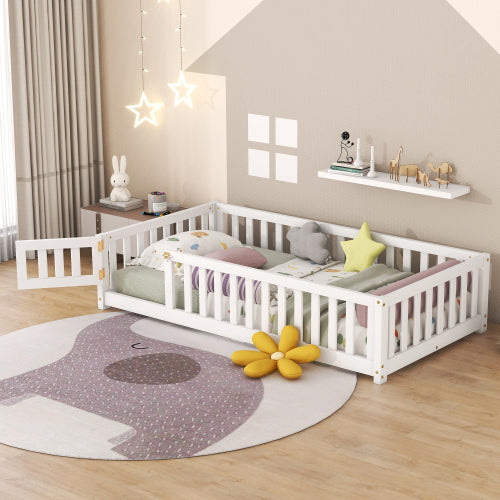 Kids Twin Size Floor Bed with Safety Guardrails and Door