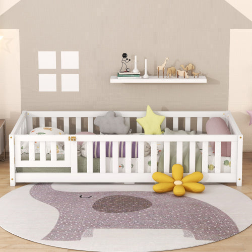 Kids Twin Size Floor Bed with Safety Guardrails and Door