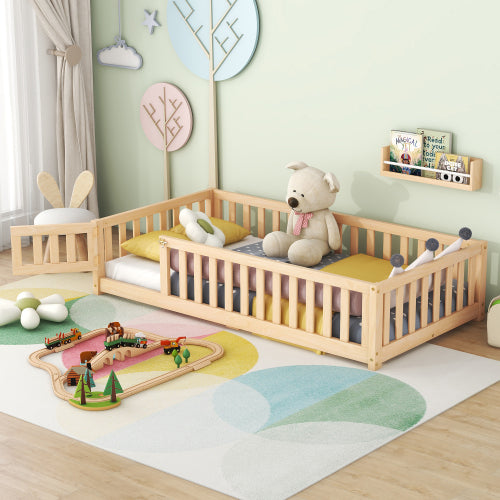 Kids Twin Size Floor Bed with Safety Guardrails and Door