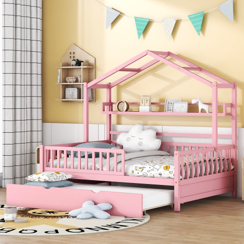 Kids Wooden Full Size House Bed with Trundle and Shelf