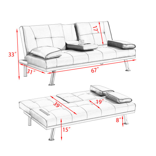 67" Leather Multifunctional Double Folding Sofa Bed for Office with Coffee Table