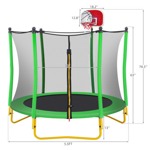 65" Outdoor & Indoor Mini Toddler Trampoline with Enclosure, Basketball Hoop and Ball Included